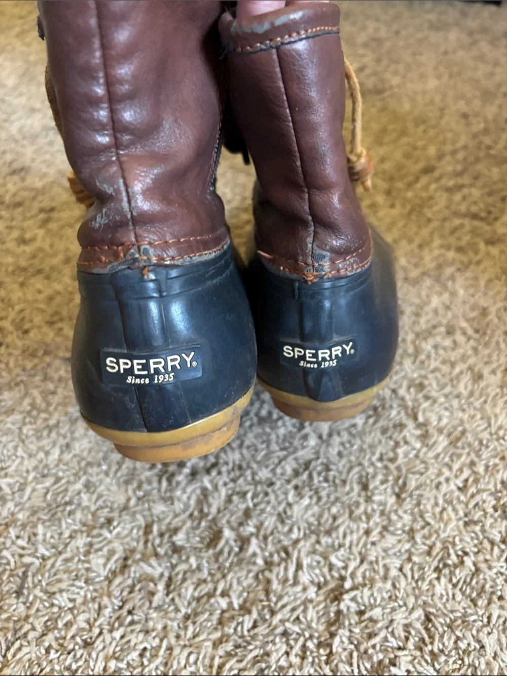 Sperry Kids Brown Leather and Navy Rubber Duck Boots with Tan Soles
